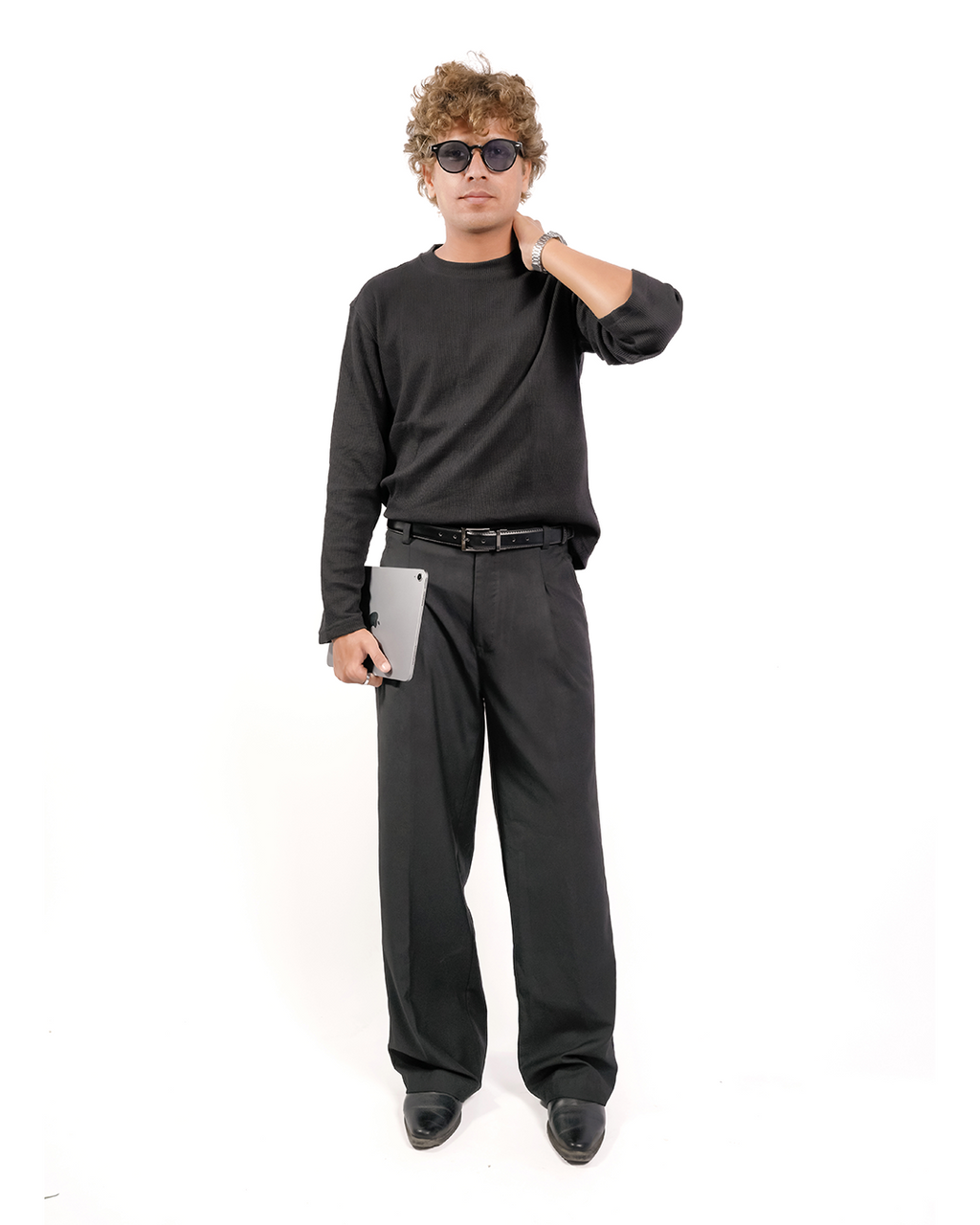 BLACK-EVERGREEN WAFFLE BOXY FIT T-SHIRT