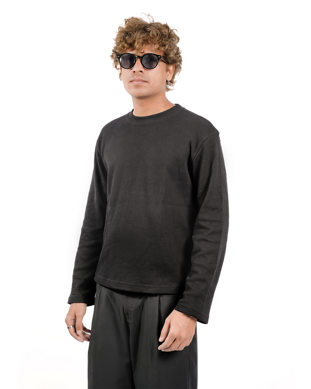 BLACK-EVERGREEN WAFFLE BOXY FIT T-SHIRT
