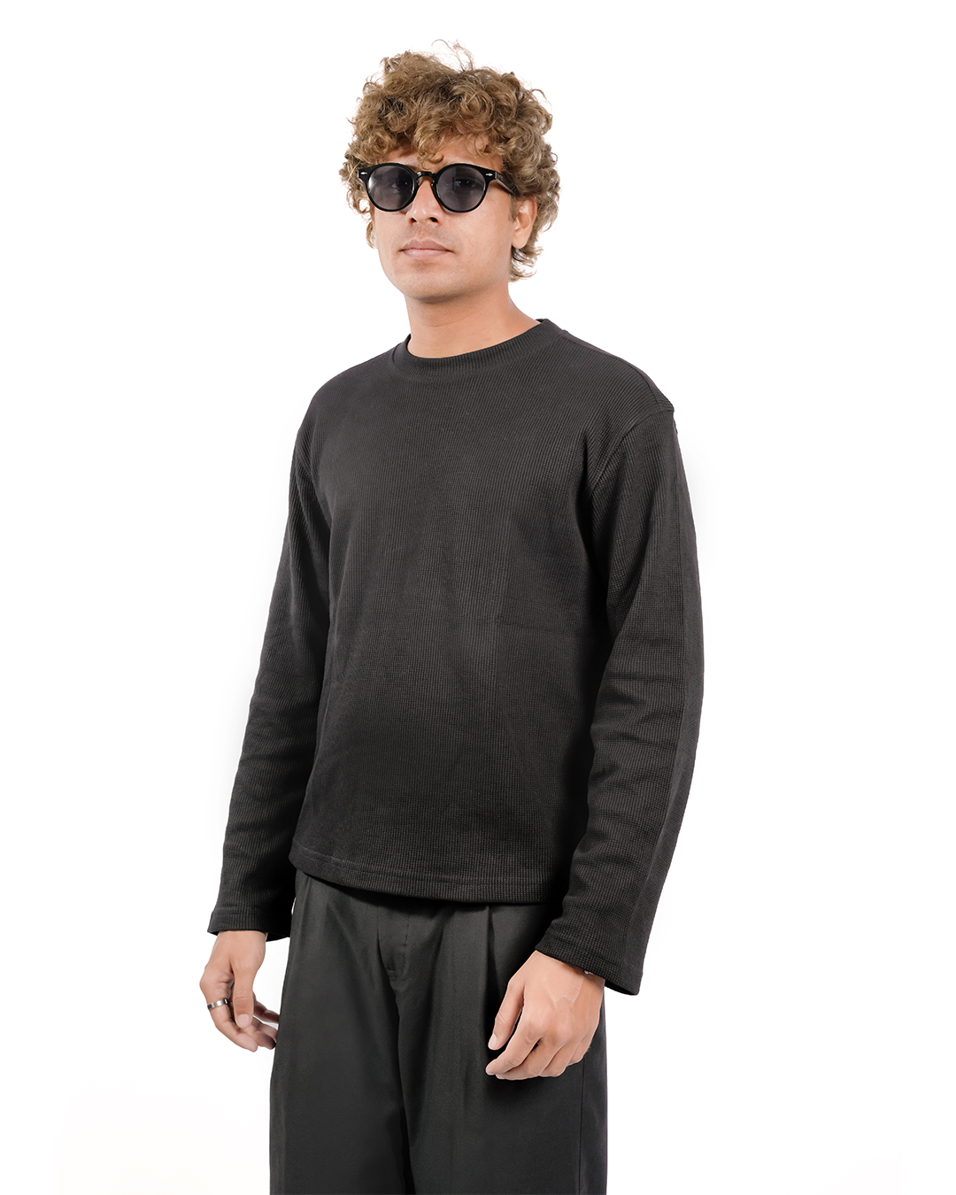 BLACK-EVERGREEN WAFFLE BOXY FIT T-SHIRT