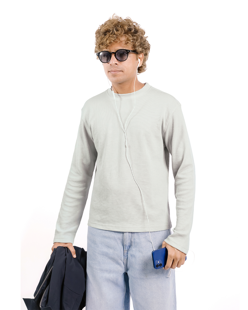 DUSTY LIGHT GREY-EVERGREEN WAFFLE BOXY FIT T-SHIRT