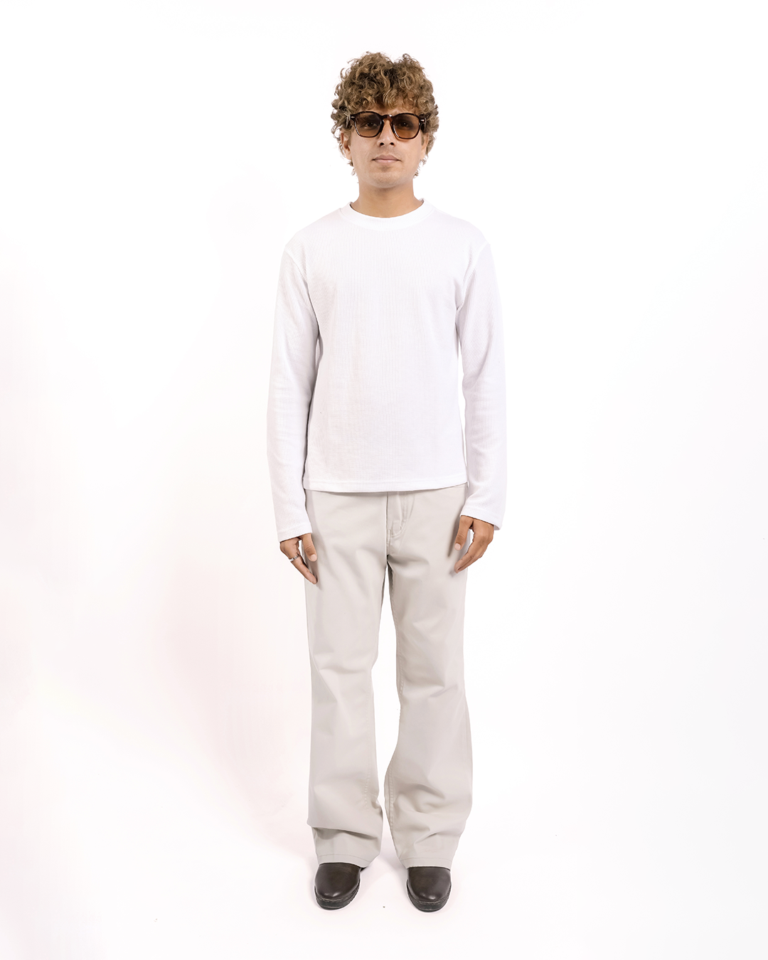 WHITE-EVERGREEN WAFFLE BOXY FIT T-SHIRT