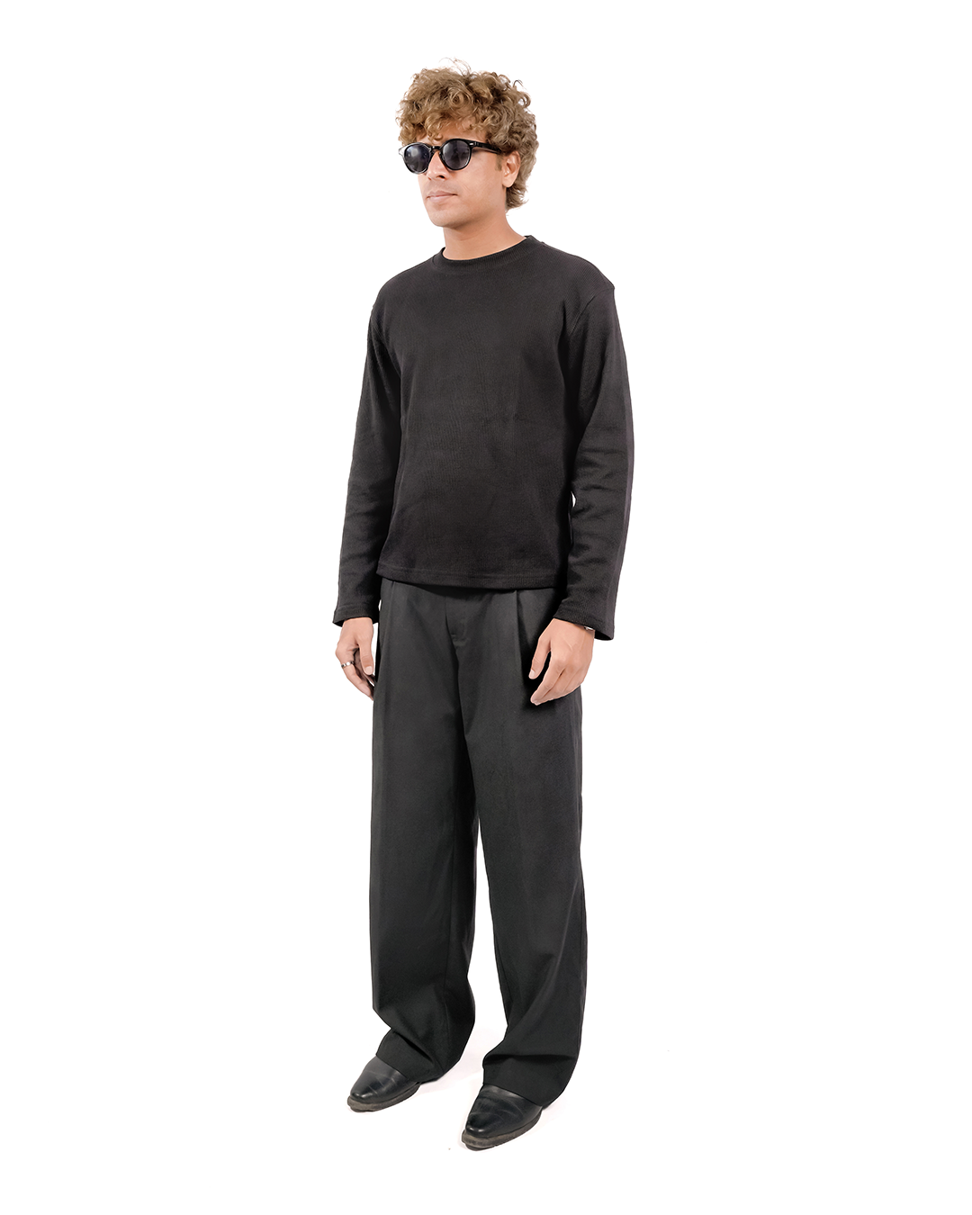 BLACK-EVERGREEN WAFFLE BOXY FIT T-SHIRT