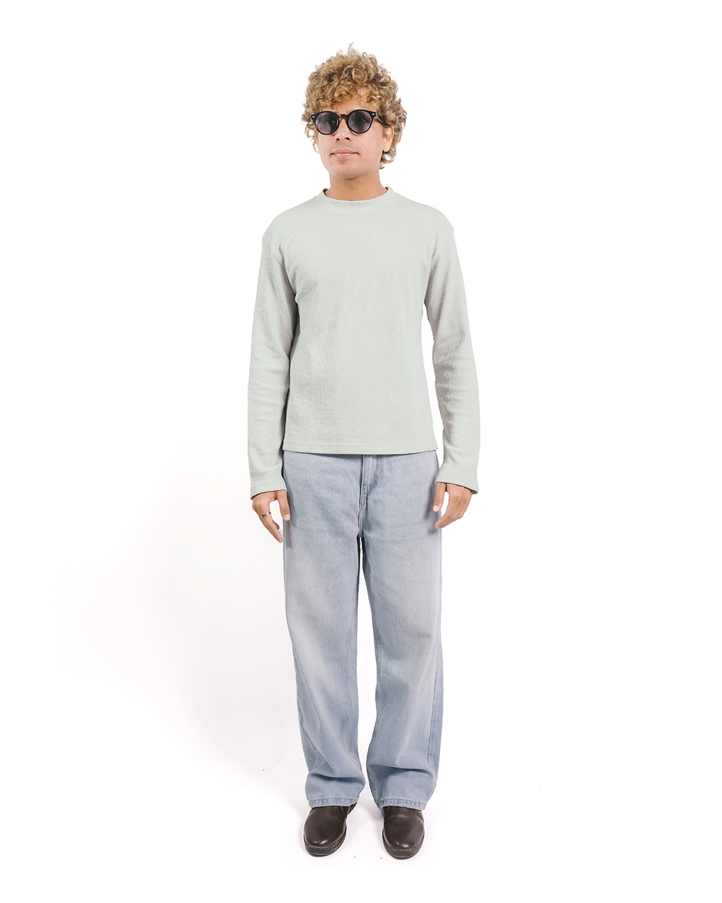 DUSTY LIGHT GREY-EVERGREEN WAFFLE BOXY FIT T-SHIRT