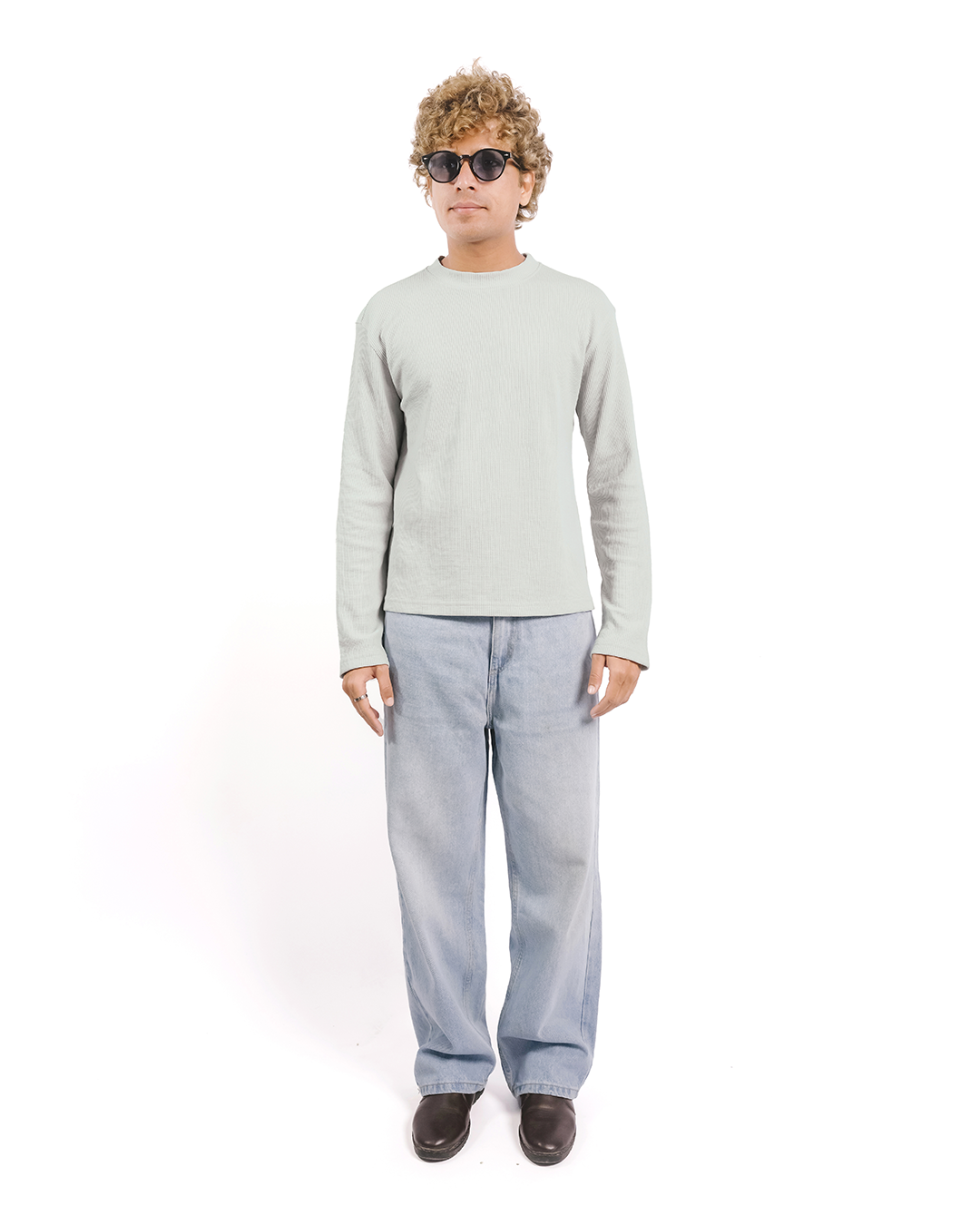 DUSTY LIGHT GREY-EVERGREEN WAFFLE BOXY FIT T-SHIRT